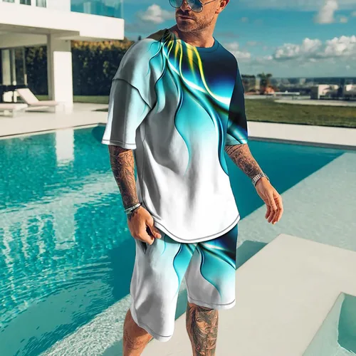 Vista 2 de EELHOE Men's 2 Piece Outfit Classic Fit Lightweight Graphic Short Sleeve T-Shirts Printed Shorts Breathable Athletic Suit