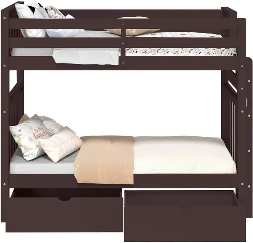 Vista 8 de Bedz King Literas altas de tamaño individual sobre individual, estilo Mission con escalera lateral y 2 cajones debajo de la cama, color cereza oscuro