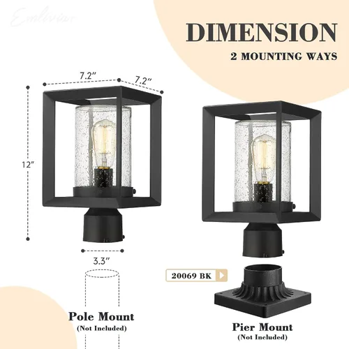 Vista 5 de Emliviar Luces de Poste Accesorio para Exteriores, Farol de Poste de 1 Luz, Acabado Negro, Vidrio Granulado, 2083P BK