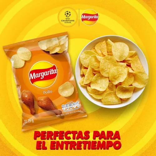 Vista 5 de Papas Margarita (paquete de 24) Papas fritas crujientes sabor pollo y barbacoa Papitas Margarita de Pollo y BBQ mecato Colombiano Bocadillos