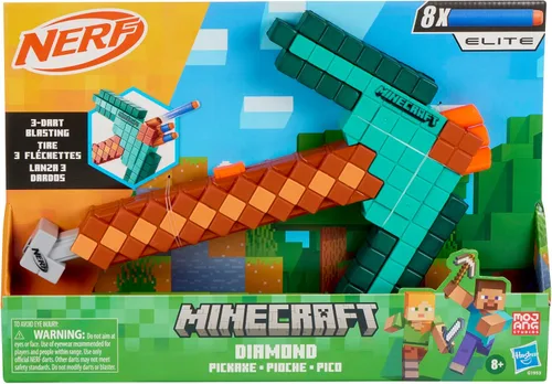 Vista 3 de Nerf Minecraft Diamond Pickaxe Dart Blaster, imprimación de tirar, cabeza de espuma, 8 dardos Nerf Elite, a partir de 8 años
