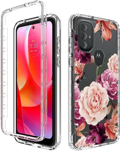 Vista 6 de Funda para Moto G Power 2022, para Motorola G Power 2022 con protector de pantalla de vidrio templado, cubierta de protección floral transparente