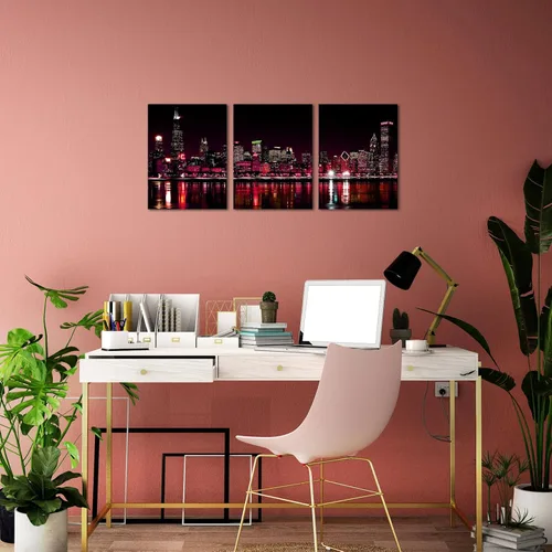 Vista 5 de Biuteawal 3 paneles de Chicago Skyline Wall Art Chicago City Night View Picture Canvas Print Black and Red Cityscape Poster Photo Painting Modern