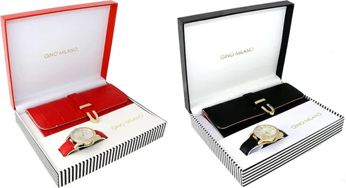 Vista 2 de Reloj de pulsera de cuero dorado para mujer y cartera de tres pliegues a juego 2-PACK ROJO - NEGRO