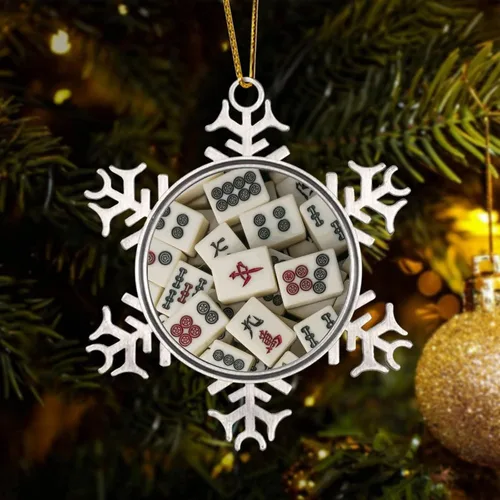 Vista 7 de Divertido adorno de Navidad copo de nieve redondo colgante recuerdo de Navidad Mahjong patrón de recuerdo de metal regalo de árbol de Navidad