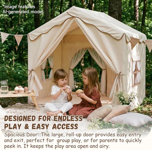 Vista 2 de Tienda de campaña para niños con doble puerta castillo de juegos para niños - Beige Kids Tent with Mat, Two Doors Fantasy Adventure Play House for