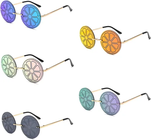 Vista 6 de LJCZKA Lentes de sol con espejo de limón para mujeres y hombres, gafas redondas sin montura de moda, únicas y creativas para fiestas, festivales