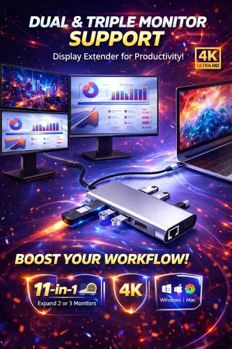 Vista 5 de Estación de acoplamiento multipuerto USB-C 11 en 1 con HDMI 4K, VGA, Ethernet, 100 W PD, USB 3.0, lector de tarjetas SD/TF y conector de audio