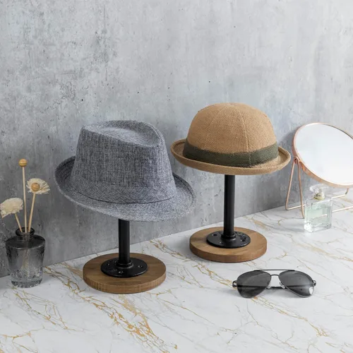 Vista 3 de MyGift 2 soportes para sombreros, perchero para sombreros de vaquero, organizador de gorra de béisbol con tubo de metal industrial, peluca o Madera