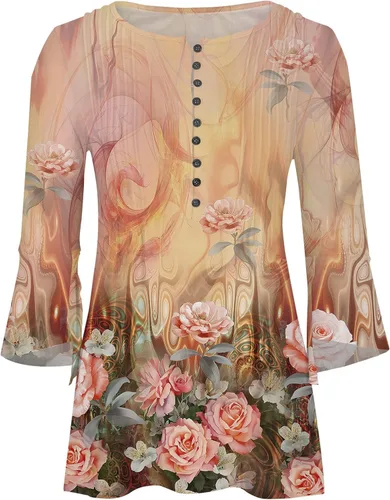 Vista 4 de Blusas de otoño para mujer, con estampado floral, de moda, manga 34, con botones, cuello en V