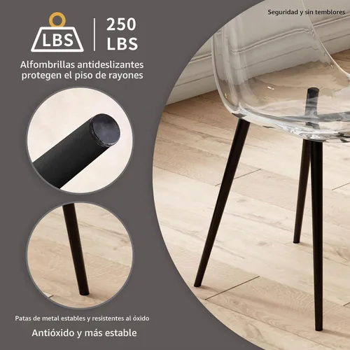 Vista 4 de Baysitone Juego de 4 sillas de comedor transparentes, sillas modernas de cocina con asiento transparente, sillas laterales de acento acrílico