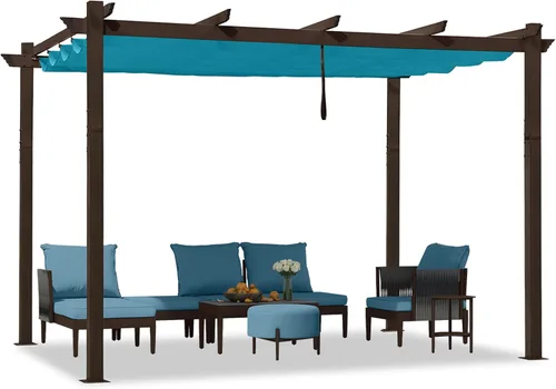 Vista 52 de PURPLE LEAF Pérgola de 10 x 12 pies con toldo retráctil, pérgola cuadrada de bronce de aluminio para patio al aire libre, junto a la piscina, beige