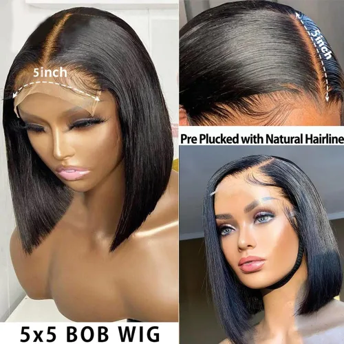 Vista 3 de Karlami Peluca de cabello humano Bob de 8 pulgadas, sin pegamento, 5 x 5 HD, con cierre de encaje, pelucas de cabello humano prearrancadas HD