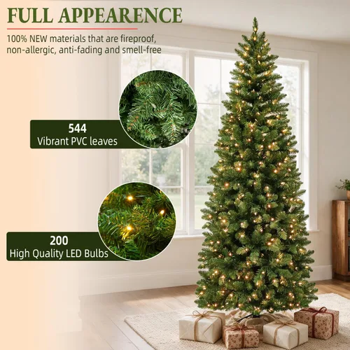 Vista 2 de Árbol de Navidad preiluminado con lápiz delgado de 6 pies con 10