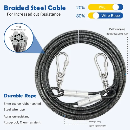 Vista 4 de Cable de amarre para perros de 15 pies – Cable resistente de 0.197 in de diámetro, con resistencia a la rotura de 1000 libras, a prueba