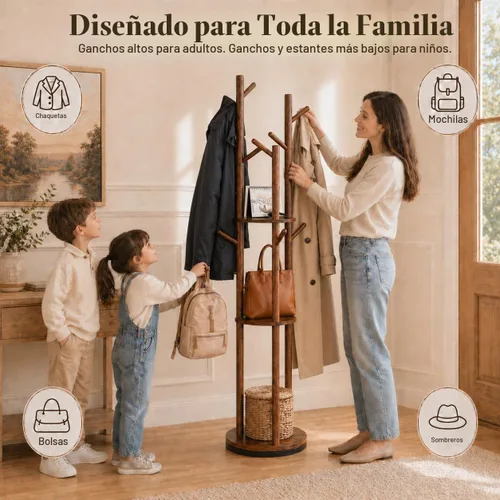 Vista 7 de Perchero giratorio de madera maciza independiente, árbol de 360° con 3 estantes y 9 ganchos, soporte de madera de caucho resistente, perchero