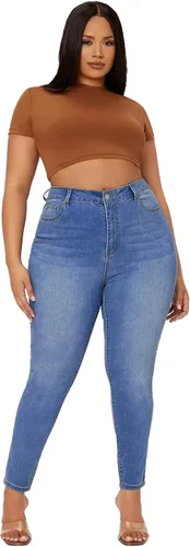 Vista 4 de KISSPLUS Pantalones de mezclilla ajustados de talla grande para mujer, cintura alta, lápiz de cintura alta, elásticos, pantalones de mezclilla