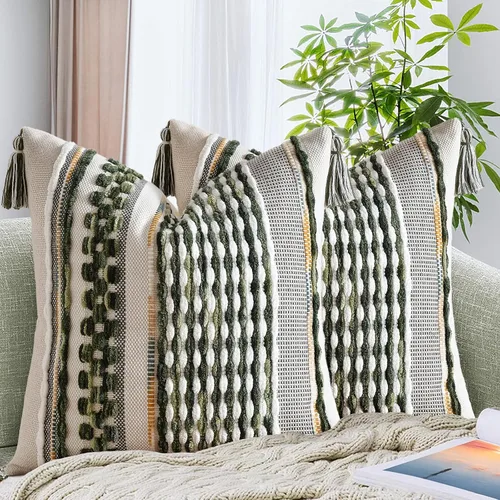 Vista 29 de AmHoo - Fundas de almohada de 18 x 18 pulgadas con borlas, fundas de almohada decorativas tejidas con textura de chenilla estilo boho para sofá