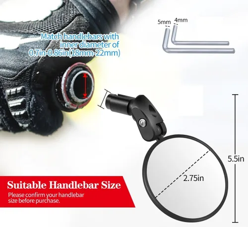 Vista 2 de Espejos para manillar para bicicleta, 1 espejo retrovisor de bicicleta HD, espejo convexo ajustable montado en el manillar con llave Allen