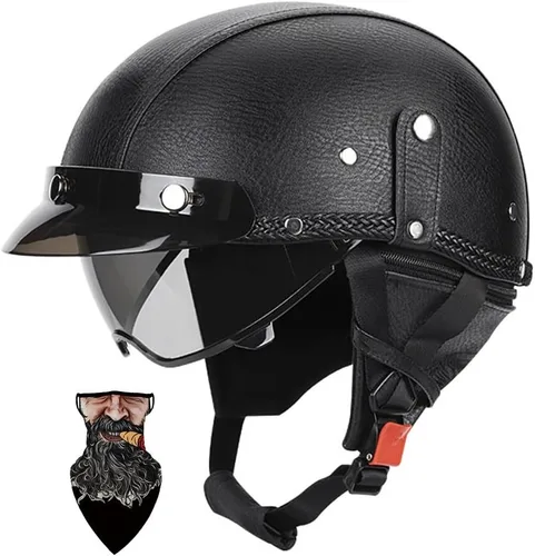 Vista 18 de Cascos Moto Retro Jet Vintage Medio, DOT Homologado Visera Retráctil PC y Hebilla Rápida, Desmontable para Hombre Mujer Adultos, Scooter Crucero
