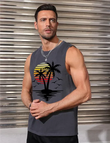 Vista 4 de Camisetas sin mangas con gráficos para hombre, camisetas musculares hawaianas para playa, árbol de coco hawaiano, camisetas sin mangas patrióticas