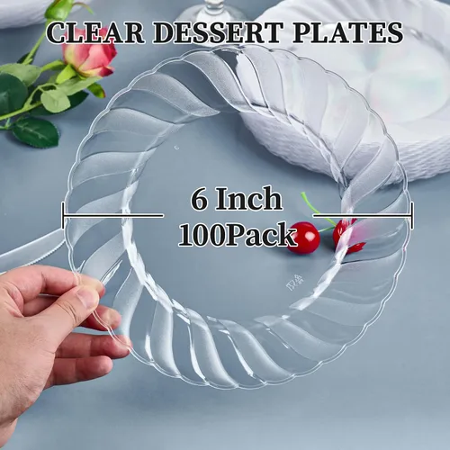 Vista 4 de FOCUSLINE 100 unidades de platos de plástico transparente de 6 pulgadas, platos desechables de plástico duro premium para ensalada y postre - Platos