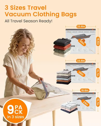 Vista 2 de Bolsas de sellado al vacío para ropa de viaje con bomba inalámbrica recargable, paquete de 9 bolsas de compresión ahorradoras de espacio