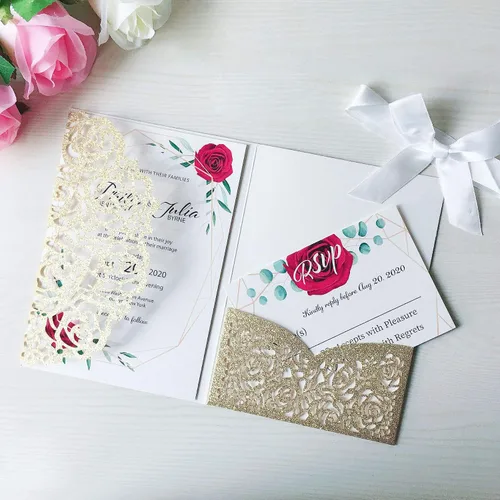 Vista 8 de 20 tarjetas de invitaciones de boda de flora cortadas con láser triples de 5.1 x 7.1 pulgadas con sobres y cintas para boda, despedida de soltera