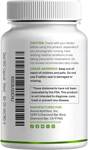 Vista 7 de Suplemento DEAL NAC (N-Acetil Cisteína) 1,000mg por porción con glutatión reducido, 240 cápsulas – Apoyo antioxidante para la salud inmune, pulmonar