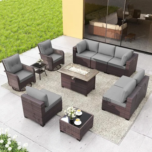 Vista 23 de Gotland Juego de muebles de patio de 6 piezas con 1 mesa auxiliar, 5 plazas de ratán seccional para exteriores con reposabrazos anchos de 29.5 Gris