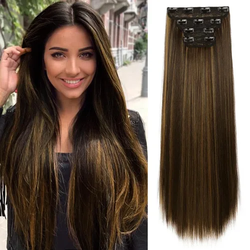 Vista 34 de REECHO - Juego de 4 extensiones de cabello sintético con clip de 12 pulgadas, 14 pulgadas y 16 pulgadas, lacio, largo y grueso, marrón oscuro
