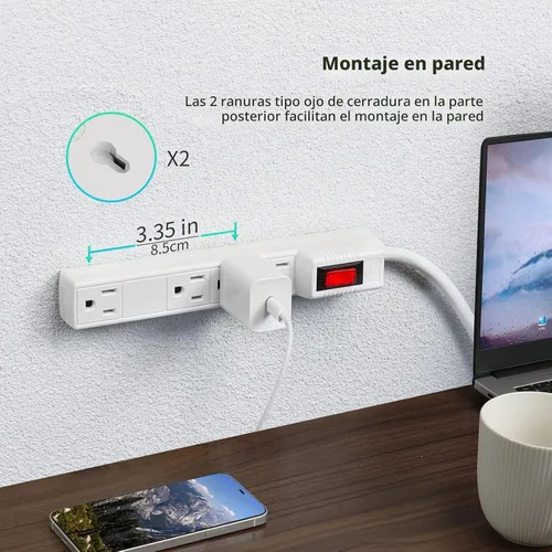 Vista 5 de PLUGTUL Regleta protectora contra sobretensiones, paquete de 2 – 4 tomas de corriente y cable de extensión de 2 pies, 1875 W/15 A 90 julios