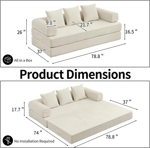 Vista 2 de Sofá de compresión, sofá cama convertible, sofá modular con almohada, cómodo sofá de tela de felpilla con espuma viscoelástica, sofá de piso