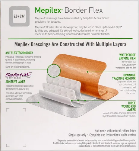 Vista 2 de Mepilex Border Flex 4 x 4 pulgadas (10 x 10 cm) Apósitos de Grado Hospitalario para Desgarros de Piel, Quemaduras Menores y Cortes, Adhesión