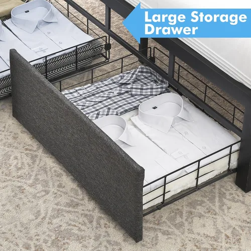 Vista 6 de Base de cama Queen con 2 cajones de almacenamiento, cabecera capitonada con botones y luces LED, cama de plataforma tapizada con almacenamiento
