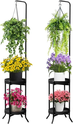 Vista 7 de RINBOU Soporte para plantas colgantes para interiores y exteriores, estante esquinero de metal para 3 macetas, 2 niveles de 61 pulgadas de alto