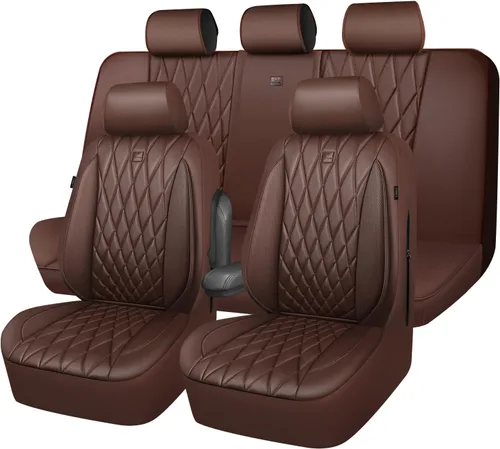 Vista 20 de Car Pass - Juego completo de fundas de asiento de lujo con ribete de cuero sintético, cubiertas de asiento automotrices antideslizantes impermeables