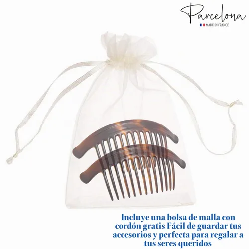 Vista 7 de Parcelona Par de peines laterales entrelazados de arco francés extra grande con carcasa marrón tortuga de 13 dientes
