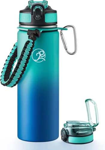 Vista 19 de GOSWAG - Botella de agua de viaje de acero inoxidable aislada de 24 onzas, 2 tapas with straw and no straw, Paracord handle, Double-wall vacuum