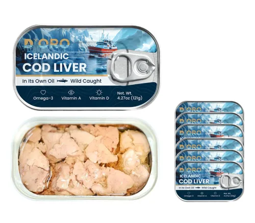 Vista 9 de D'ORO Hígado de bacalao islandés prémium en aceite – Delicia gourmet capturada en la naturaleza, rica en omega-3 y vitamina D 4.27 oz (121 gr) 3