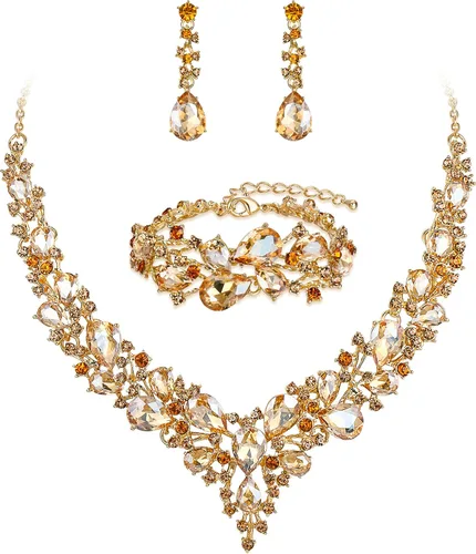 Vista 9 de BriLove - Juego de joyas de boda con cristales austriacos, collar, aretes y pulsera para mujer 01-Tono plateado transparente