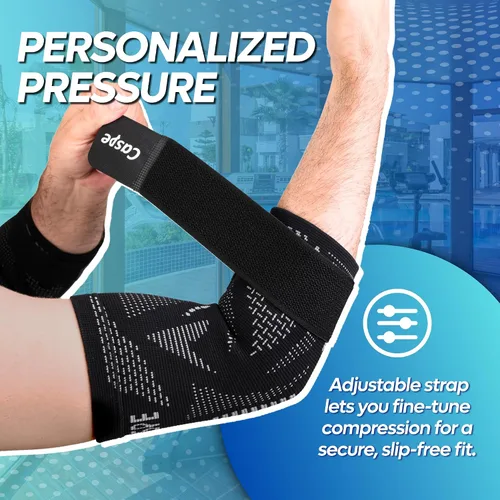 Vista 9 de Caspe Codera, manga de compresión ajustable con correa, codera de tenis para hombres y mujeres, tendinitis, levantamiento de pesas, entrenamientos