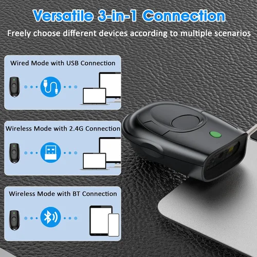 Vista 4 de Symcode Escáner de código de barras Bluetooth Mini 1D pequeño escáner portátil de código de barras 3 en 1 Bluetooth y 2.4G inalámbrico y USB