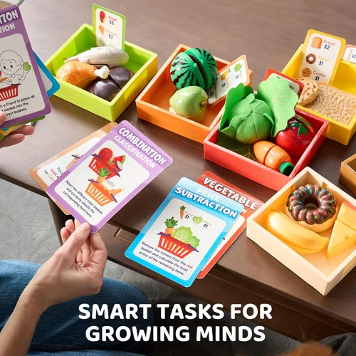 Vista 6 de JOVA lalalark Play Food para niños pequeños, juego de tienda de comestibles para niños, juguete de cocina con estantes de almacenamiento y 6 cajas