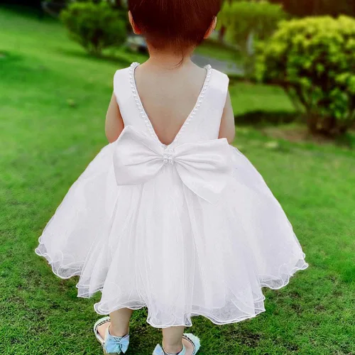 Vista 5 de TUIJI 6M-6T Vestidos de flores con volantes y encaje sin espalda para concurso de boda y fiesta de bodas con gorro