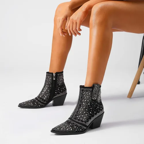 Vista 4 de ISNOM Rhinestone Cowboy Boots Sparkly Ankle Boots with Pointed Toe and Chunky Heel Design