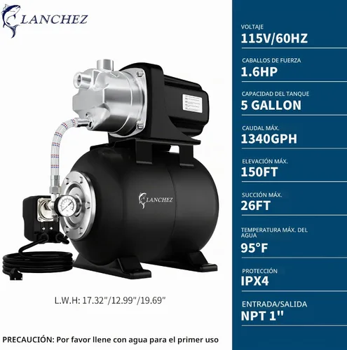 Vista 3 de Lanchez Bomba de jardín de pozo poco profundo de 1.6 HP, bomba de riego de acero inoxidable, 1340 GPH, bomba automática de chorro de agua