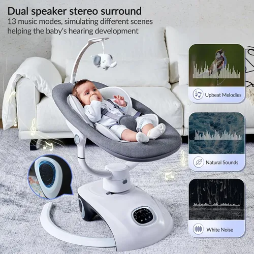 Vista 5 de VaVaSoo Mamroo - Columpio eléctrico automático para bebés con control remoto, 5 velocidades, 13 melodías, gris claro (Gary)