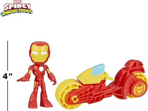 Vista 2 de Spidey and His Amazing Friends, Iron Man - Figura de acción y juguete para motocicleta, juguetes preescolares de superhéroes de Marvel para niños