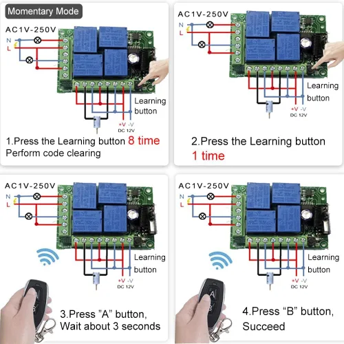 Vista 4 de QIACHIP - Relé de 12 V CC, mando a distancia inalámbrico con interruptor RF, control remoto de 4 canales, módulo 433 MHz, kit de transmisor